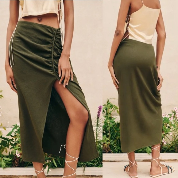Zara Ruched Linen Blend MIDI Skirt Green Sz Small - Picture 1 of 6